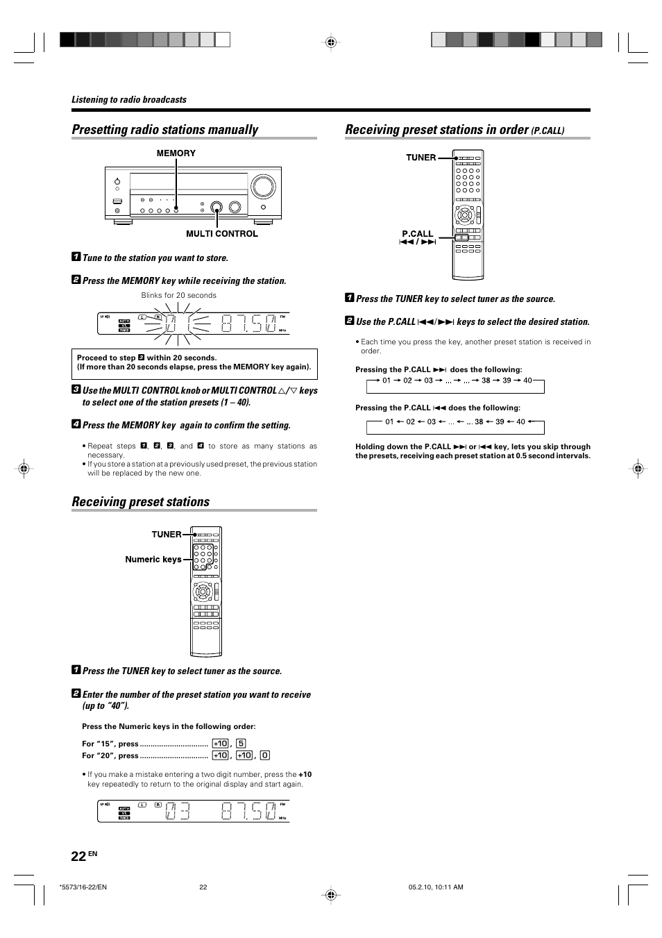 Presetting radio stations manually, Receiving preset stations, Receiving preset stations in order | Kenwood VR-60RS User Manual | Page 22 / 32