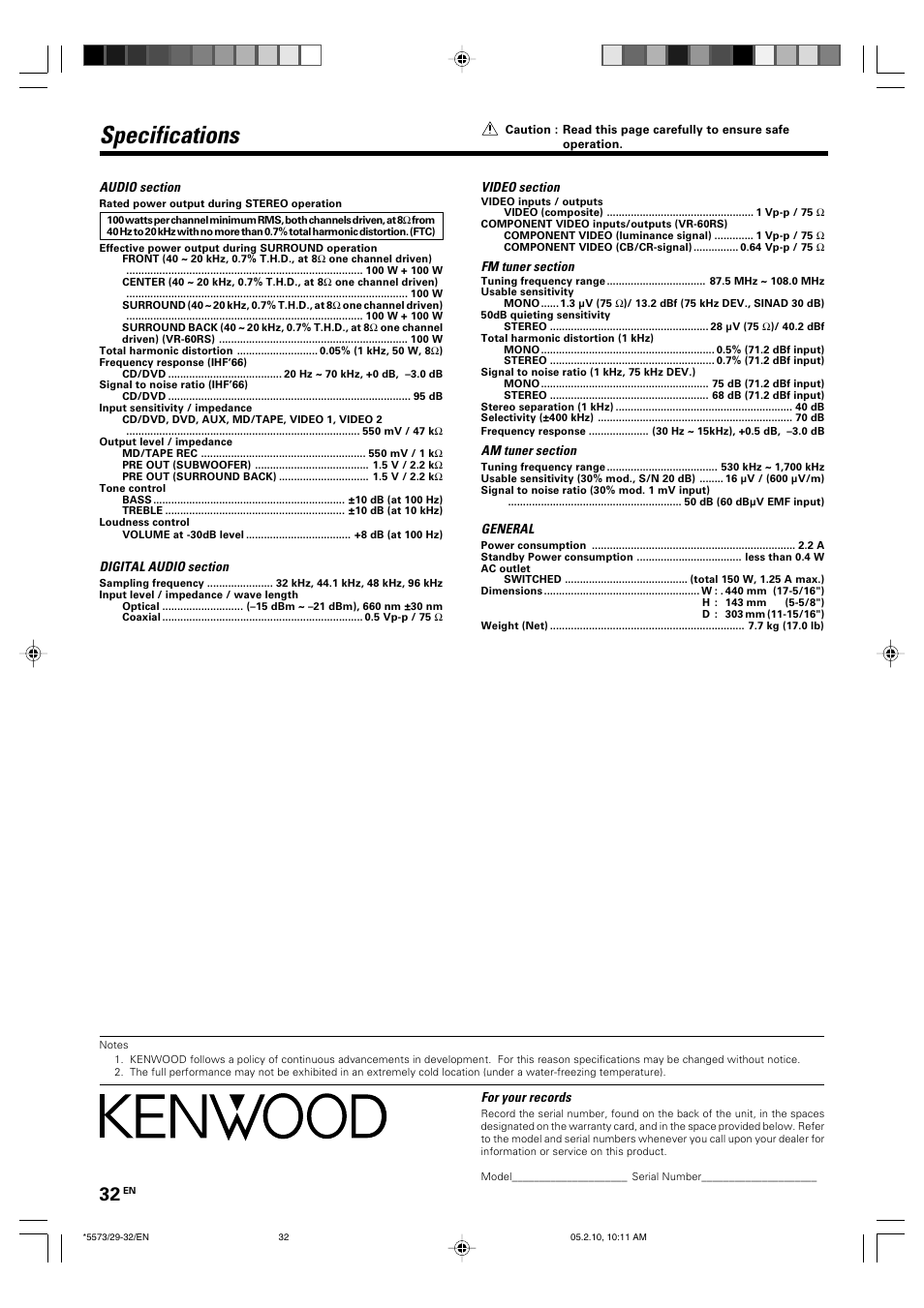 Specifications | Kenwood VR-60RS User Manual | Page 32 / 32