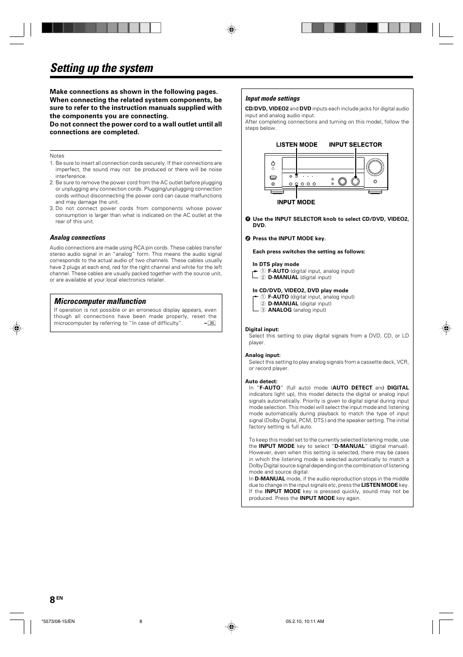 Setting up the system, Microcomputer malfunction | Kenwood VR-60RS User Manual | Page 8 / 32