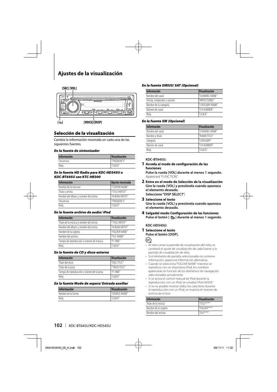 Ajustes de la visualización, Selección de la visualización | Kenwood KDC-HD545U User Manual | Page 102 / 128