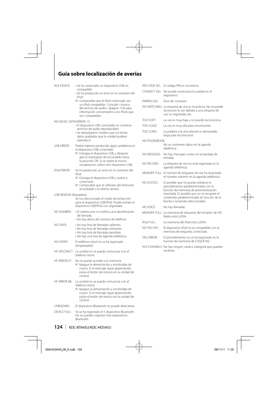 Guía sobre localización de averías | Kenwood KDC-HD545U User Manual | Page 124 / 128