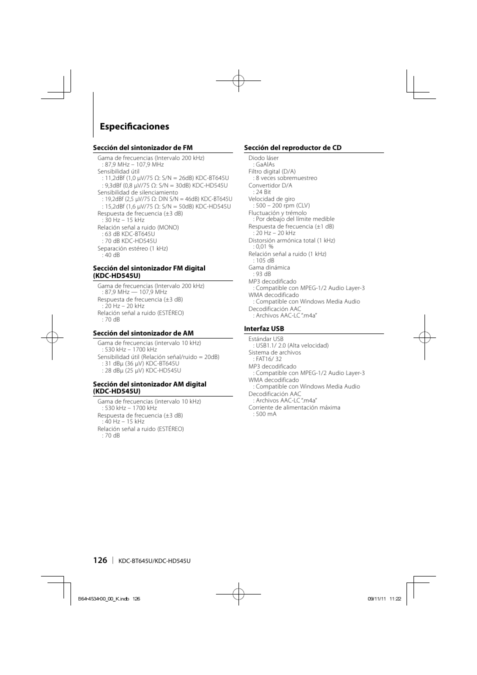 Especifi caciones | Kenwood KDC-HD545U User Manual | Page 126 / 128