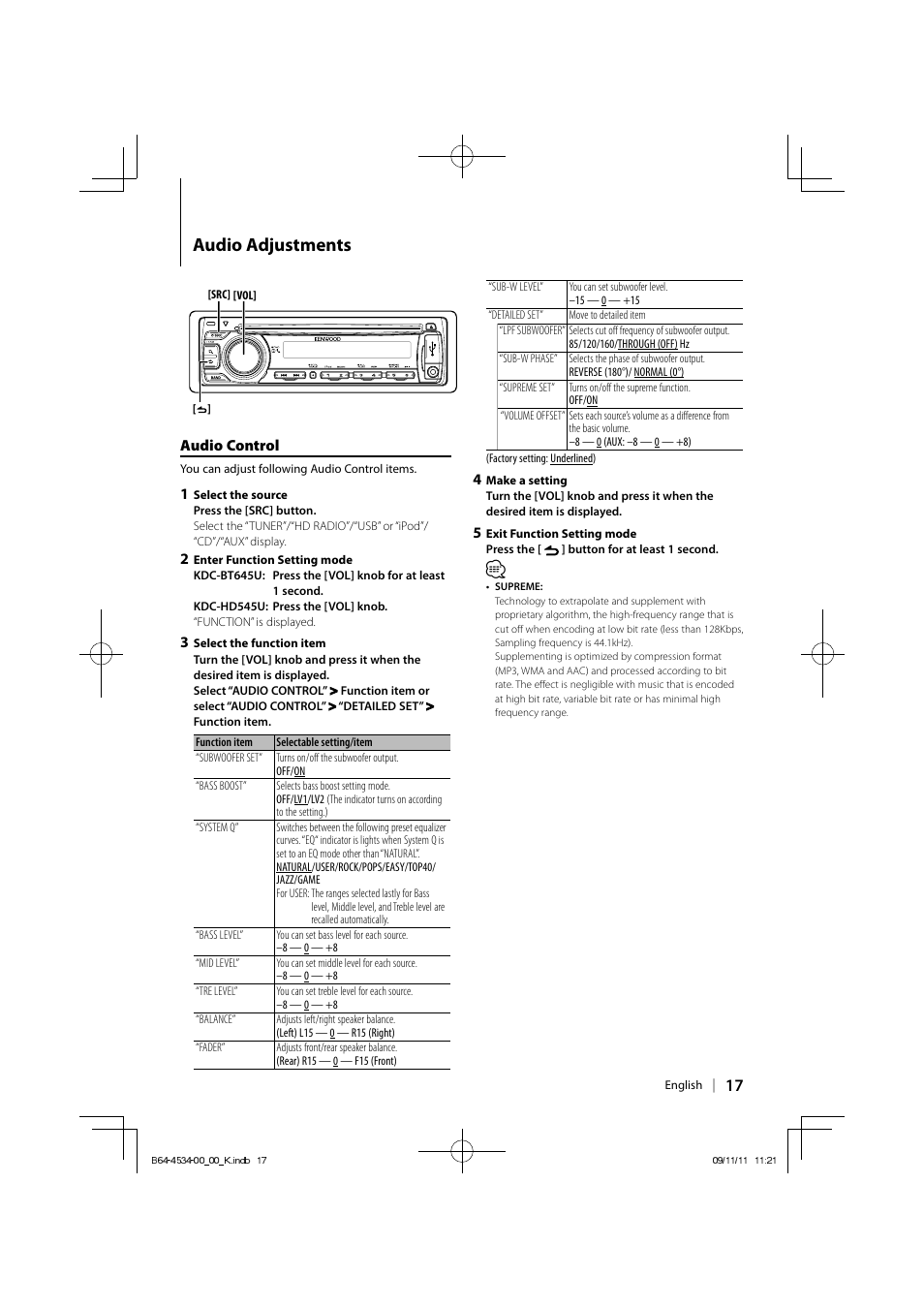 Audio adjustments | Kenwood KDC-HD545U User Manual | Page 17 / 128