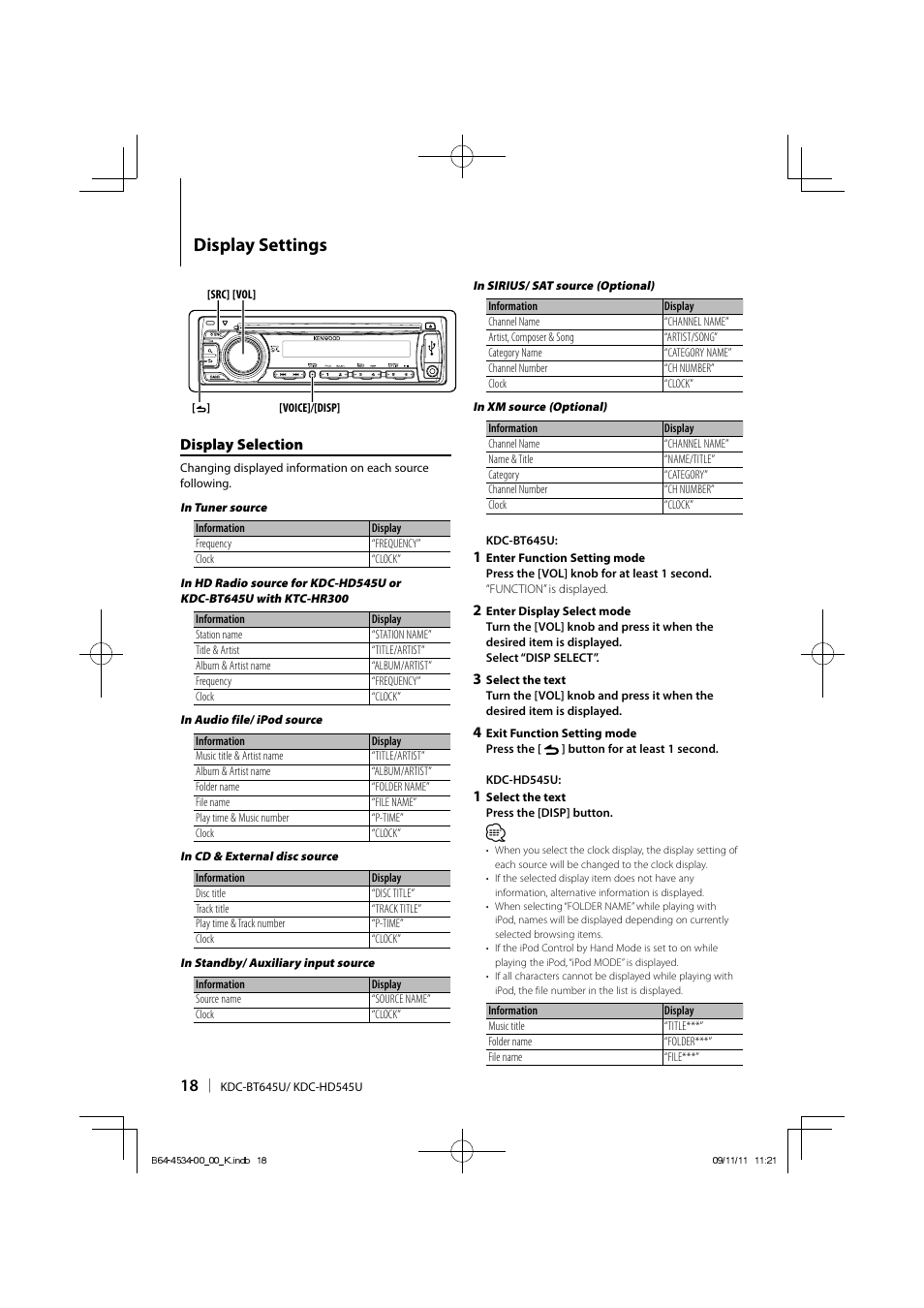 Display settings, Display selection | Kenwood KDC-HD545U User Manual | Page 18 / 128