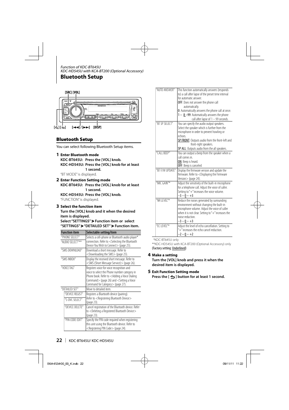 Bluetooth setup | Kenwood KDC-HD545U User Manual | Page 22 / 128