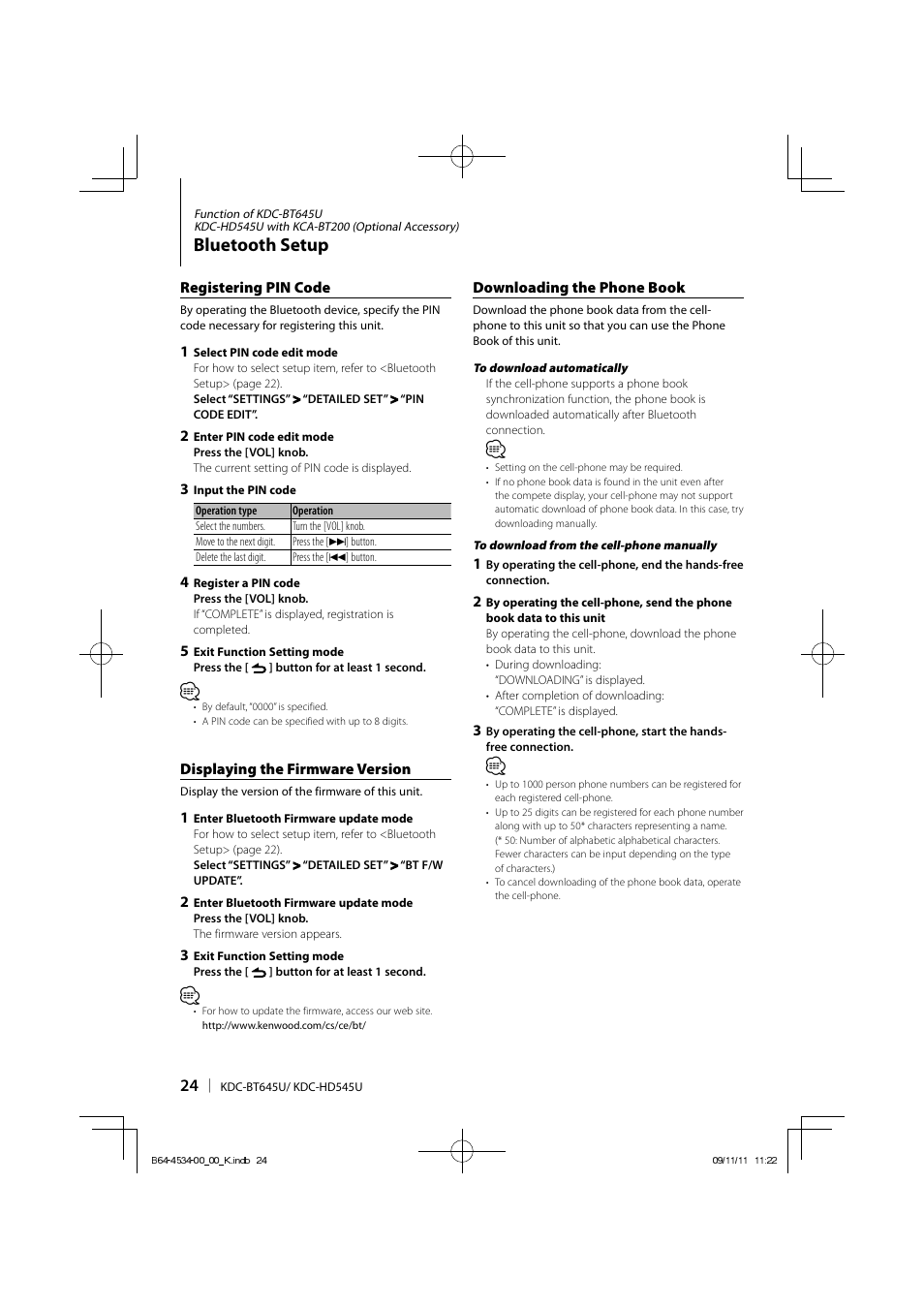 Bluetooth setup | Kenwood KDC-HD545U User Manual | Page 24 / 128