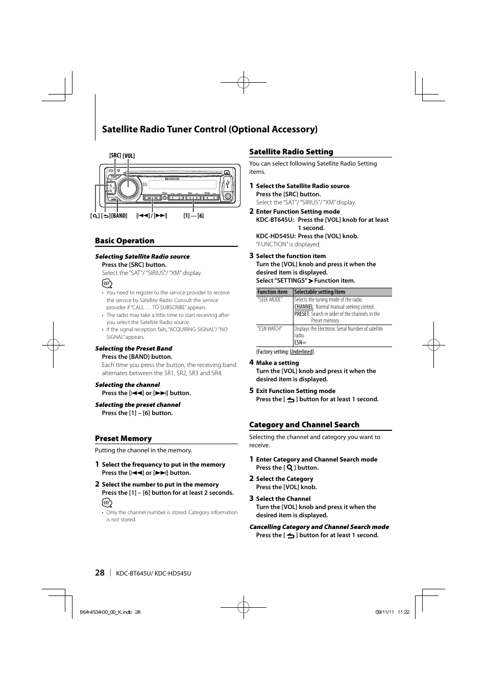 Satellite radio tuner control (optional accessory) | Kenwood KDC-HD545U User Manual | Page 28 / 128