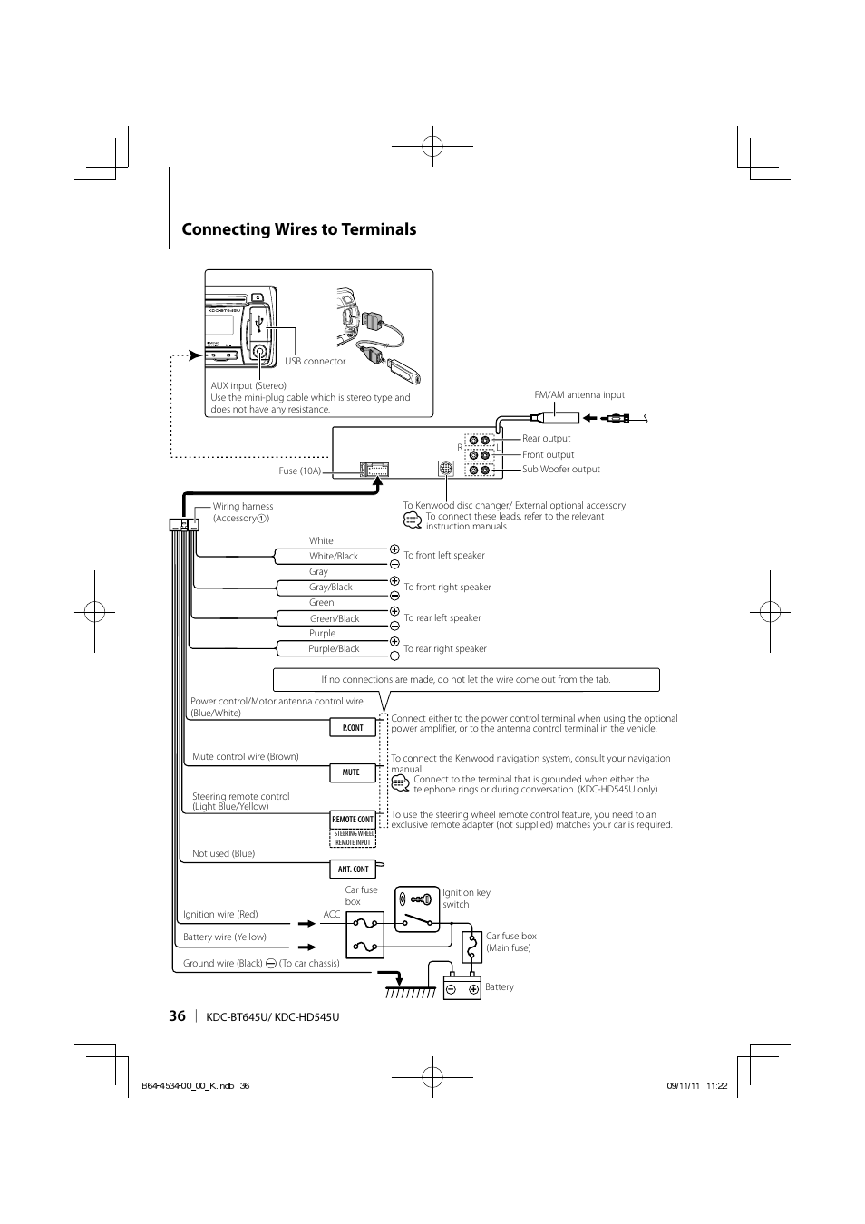 Connecting wires to terminals | Kenwood KDC-HD545U User Manual | Page 36 / 128