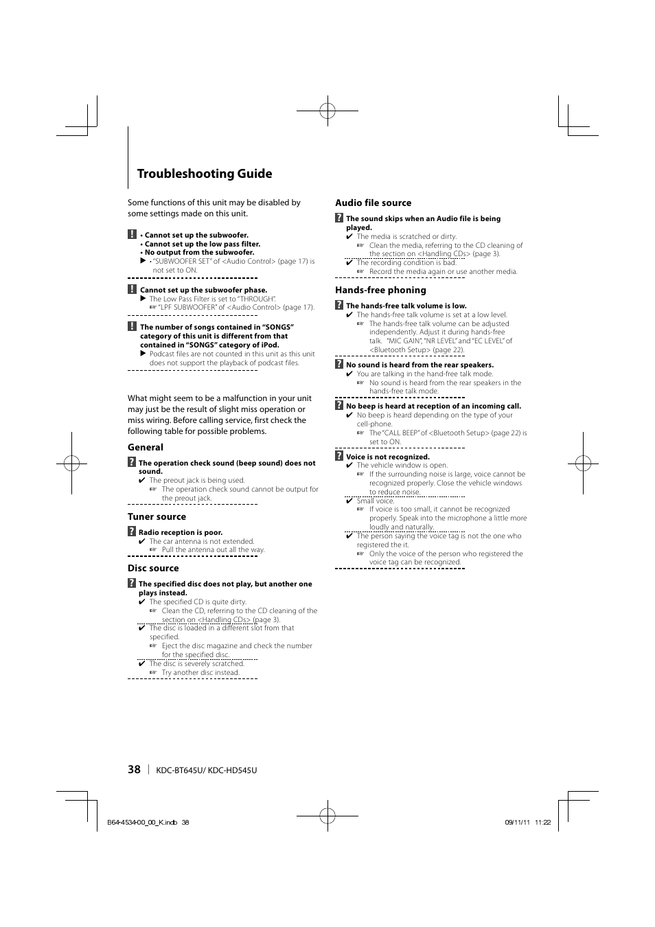 Troubleshooting guide | Kenwood KDC-HD545U User Manual | Page 38 / 128