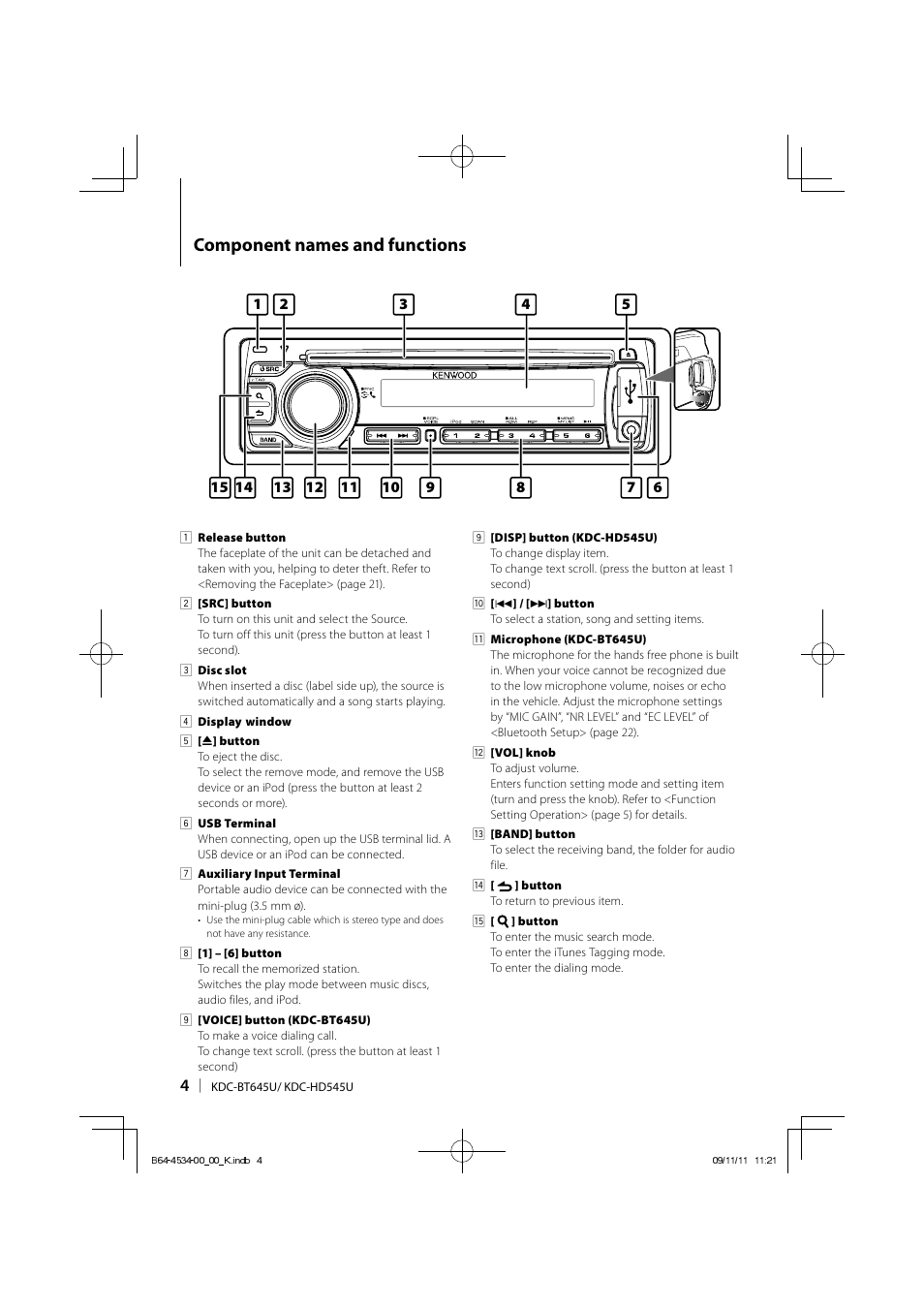 Component names and functions | Kenwood KDC-HD545U User Manual | Page 4 / 128