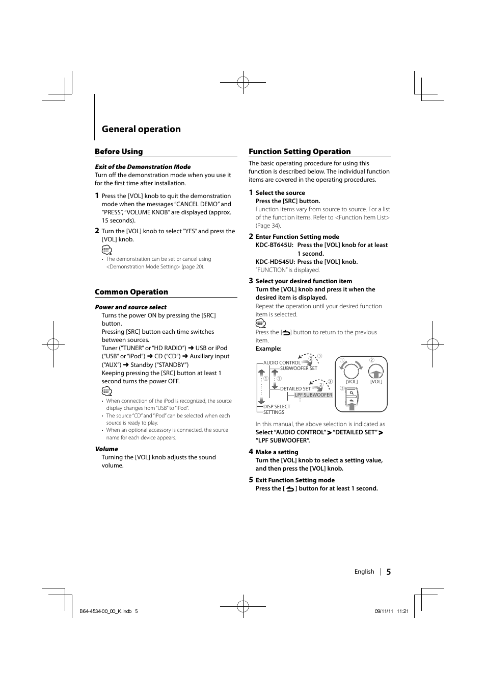 General operation, Function setting operation, Before using | Common operation | Kenwood KDC-HD545U User Manual | Page 5 / 128