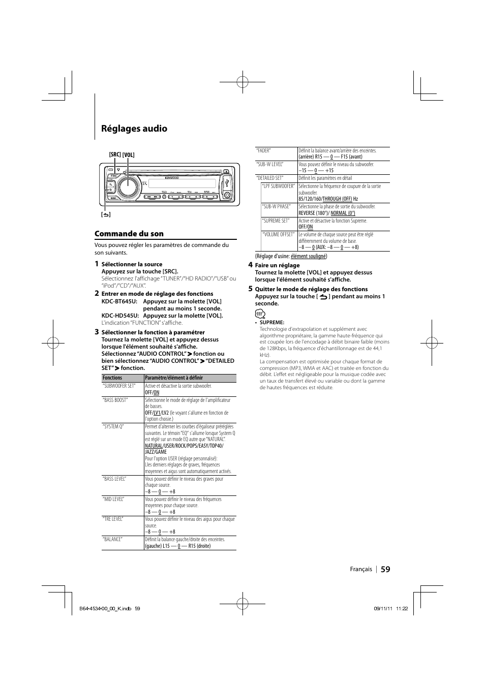 Réglages audio | Kenwood KDC-HD545U User Manual | Page 59 / 128