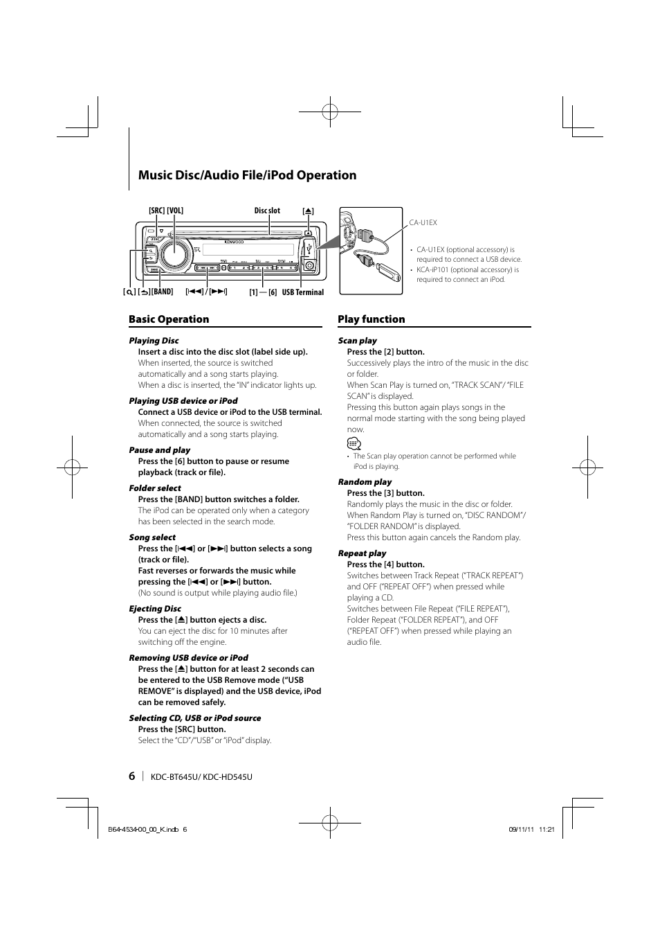 Music disc/audio file/ipod operation, Basic operation, Play function | Kenwood KDC-HD545U User Manual | Page 6 / 128