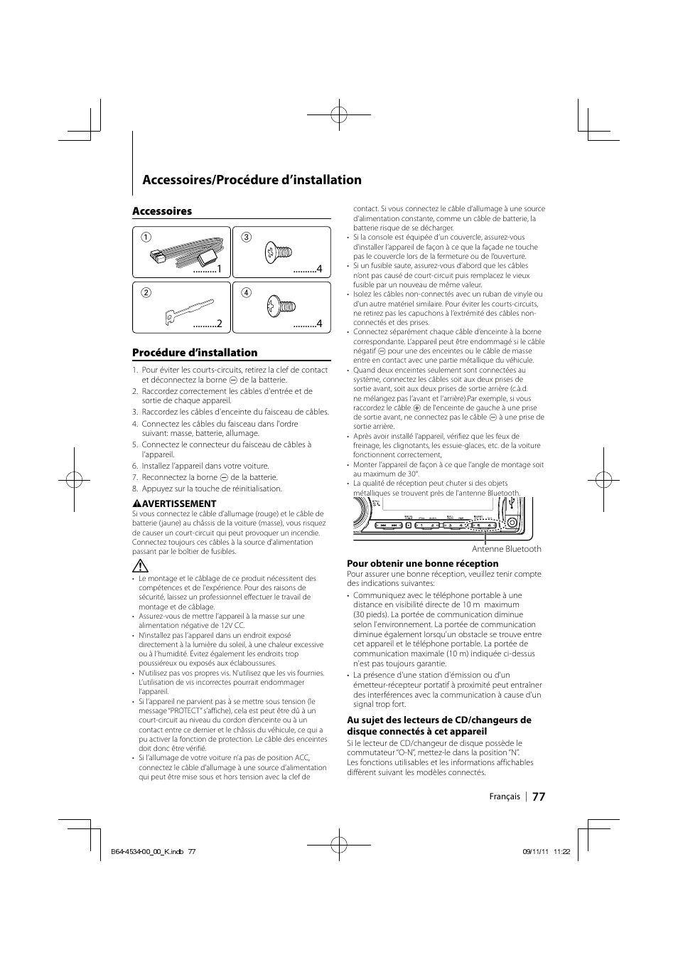 Accessoires/procédure d’installation, Accessoires 1, 4 procédure d’installation | Kenwood KDC-HD545U User Manual | Page 77 / 128