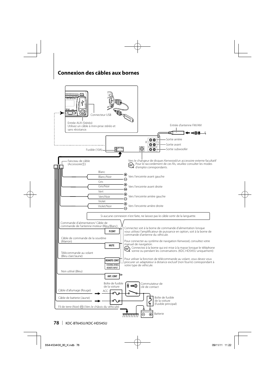 Connexion des câbles aux bornes | Kenwood KDC-HD545U User Manual | Page 78 / 128