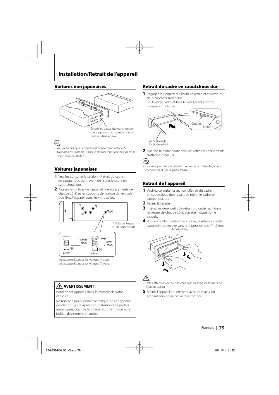 Installation/retrait de l’appareil | Kenwood KDC-HD545U User Manual | Page 79 / 128