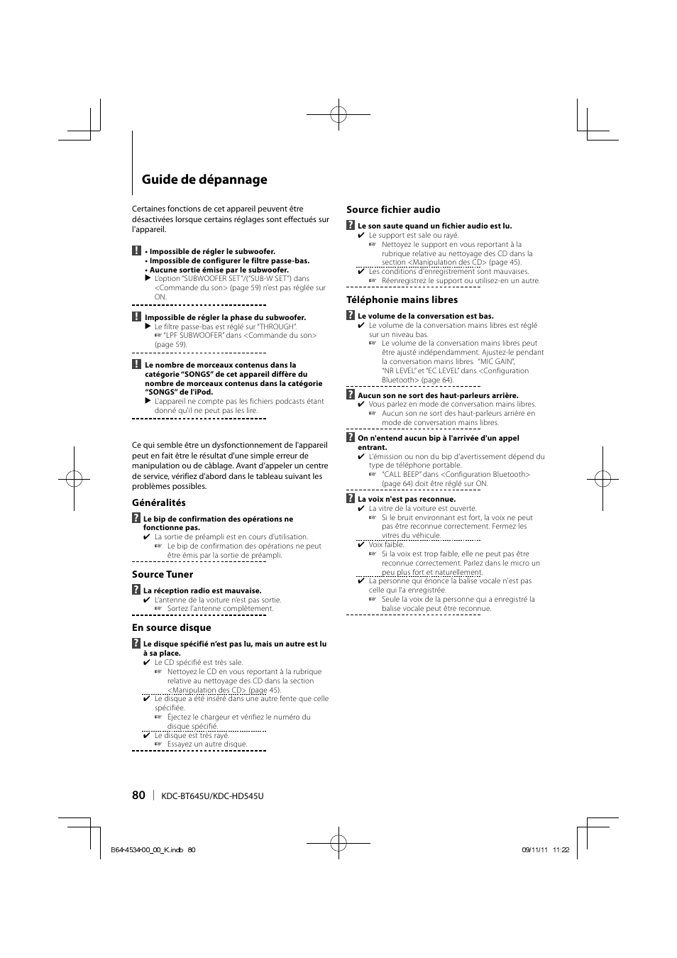 Guide de dépannage | Kenwood KDC-HD545U User Manual | Page 80 / 128