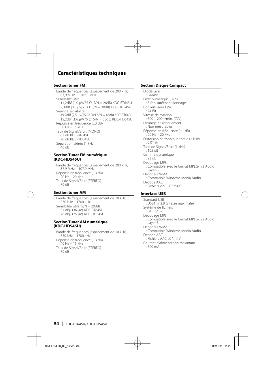 Caractéristiques techniques | Kenwood KDC-HD545U User Manual | Page 84 / 128