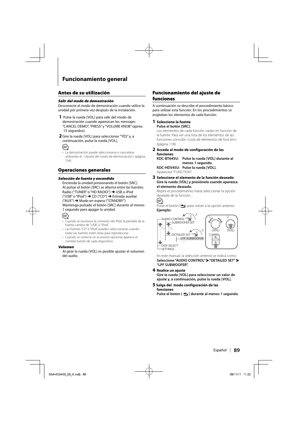 Funcionamiento general, Funcionamiento del ajuste de funciones, Antes de su utilización | Operaciones generales | Kenwood KDC-HD545U User Manual | Page 89 / 128