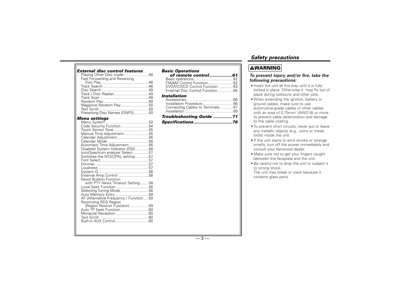 Safety precautions | Kenwood KDV-Z940 User Manual | Page 3 / 76