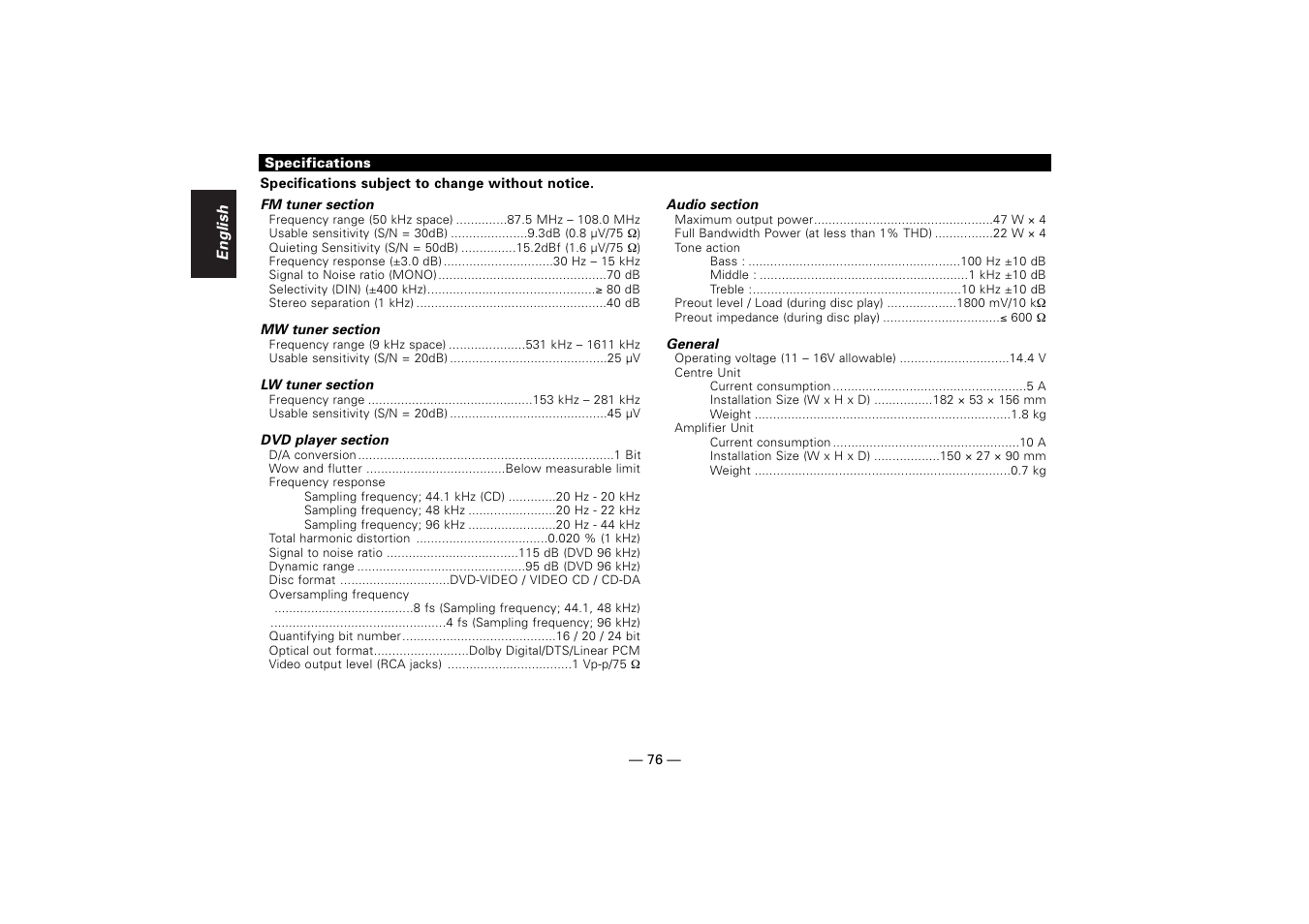 Specifications | Kenwood KDV-Z940 User Manual | Page 76 / 76