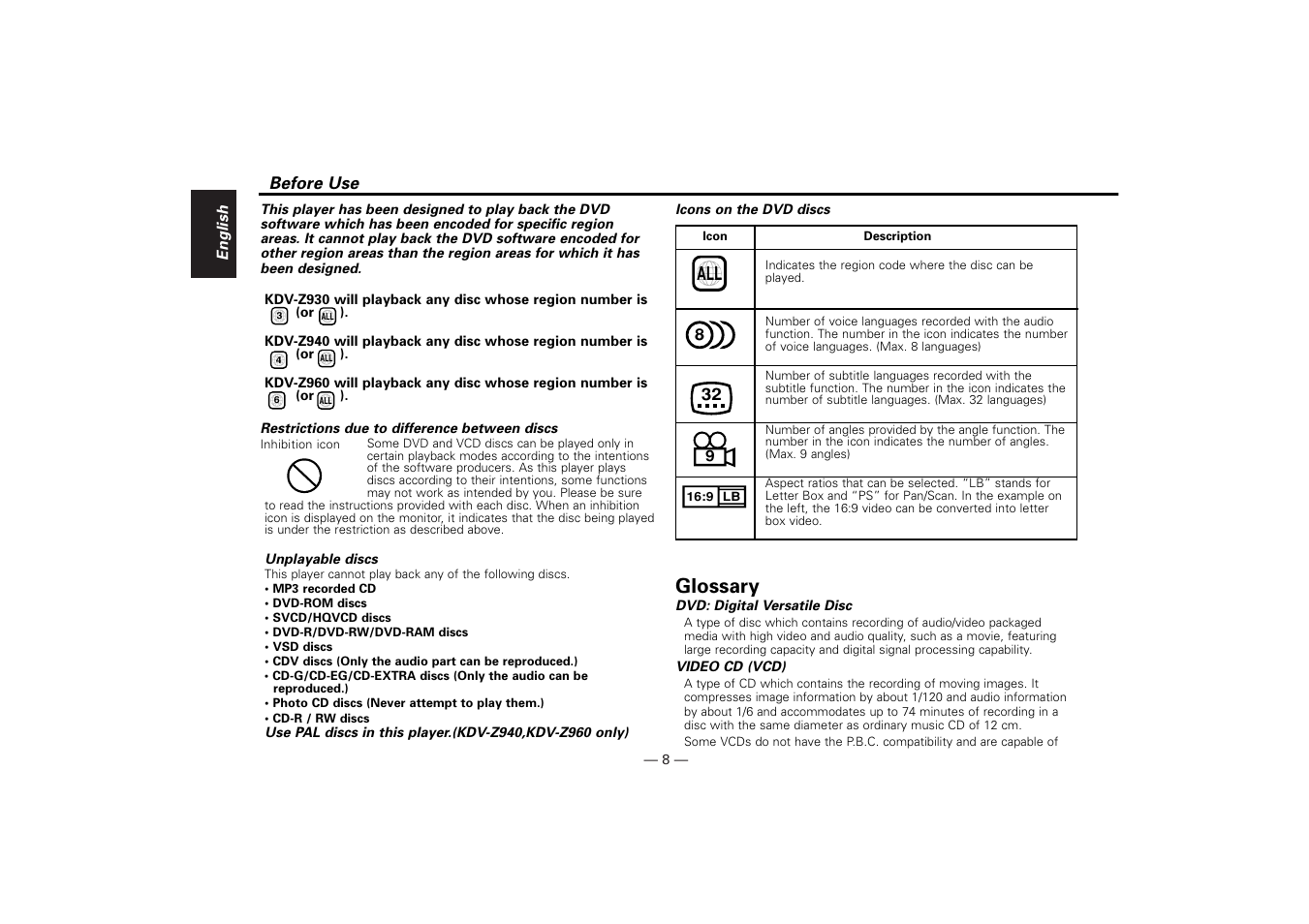 Before use, Glossary | Kenwood KDV-Z940 User Manual | Page 8 / 76