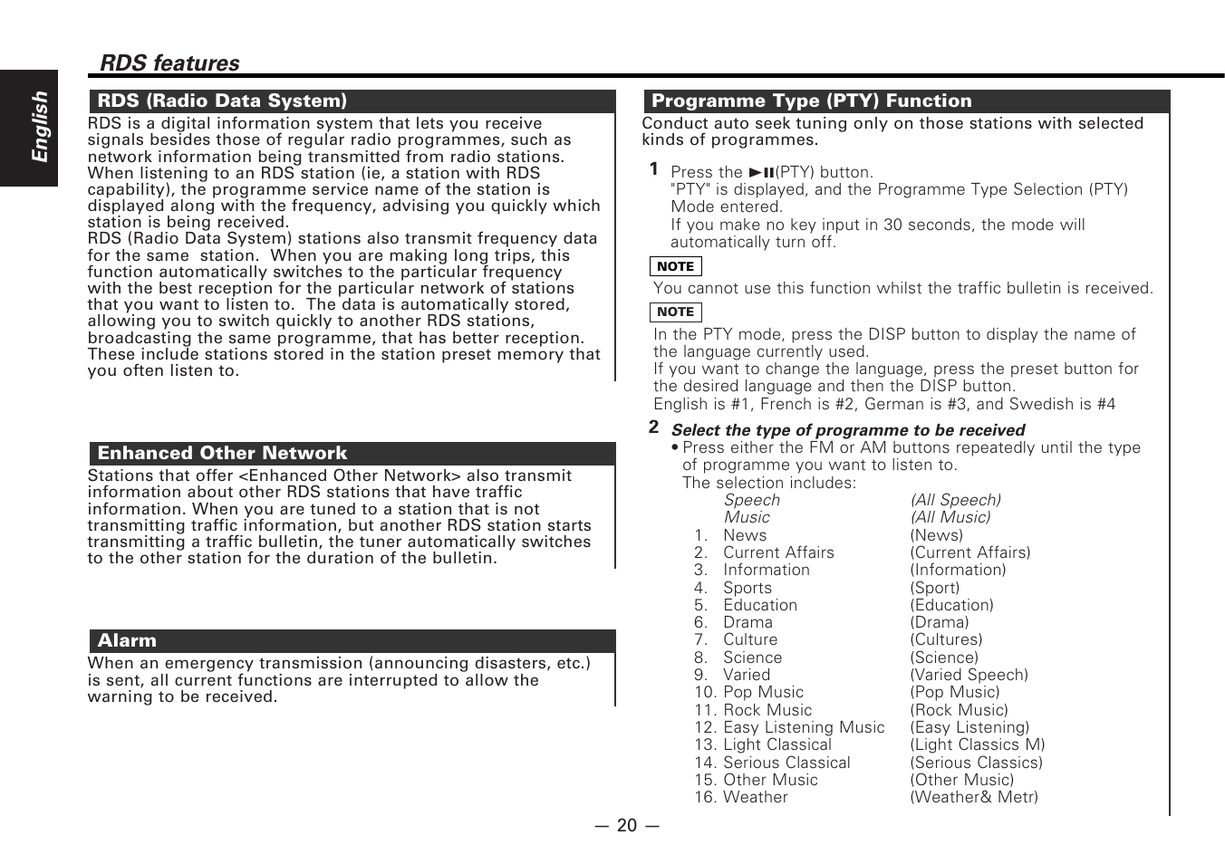 Rds features, English | Kenwood KDC-PS9080R User Manual | Page 20 / 52