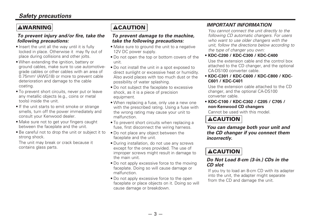 Safety precautions, 2 warning, 2 caution | Kenwood KDC-PS9080R User Manual | Page 3 / 52