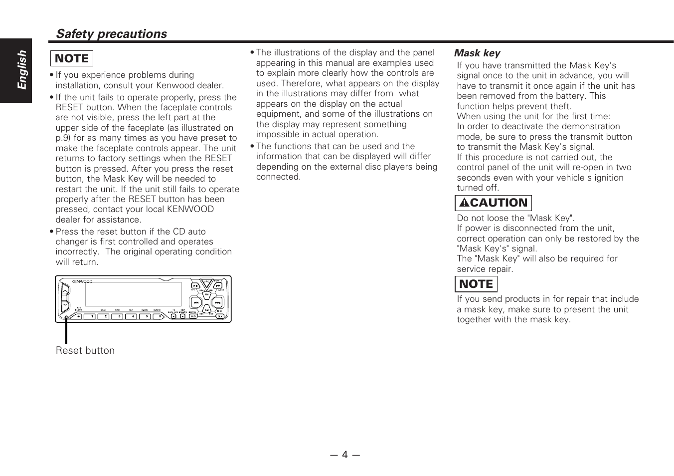 Safety precautions | Kenwood KDC-PS9080R User Manual | Page 4 / 52