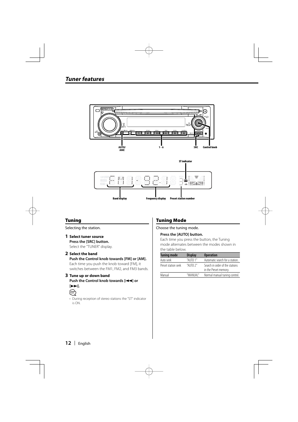 Tuner features, Tuning, Tuning mode | Kenwood KDC-MP2032 User Manual | Page 12 / 34