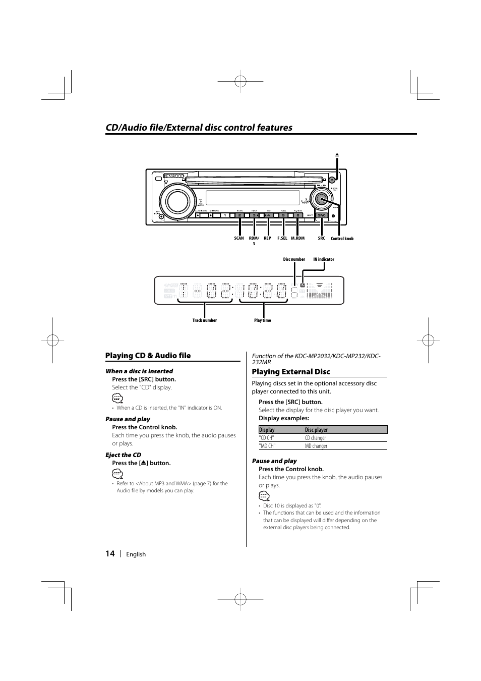 Cd/audio file/external disc control features, Playing cd & audio file, Playing external disc | Kenwood KDC-MP2032 User Manual | Page 14 / 34