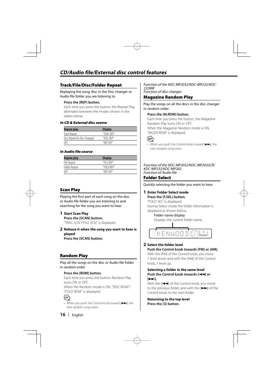 Cd/audio file/external disc control features | Kenwood KDC-MP2032 User Manual | Page 16 / 34