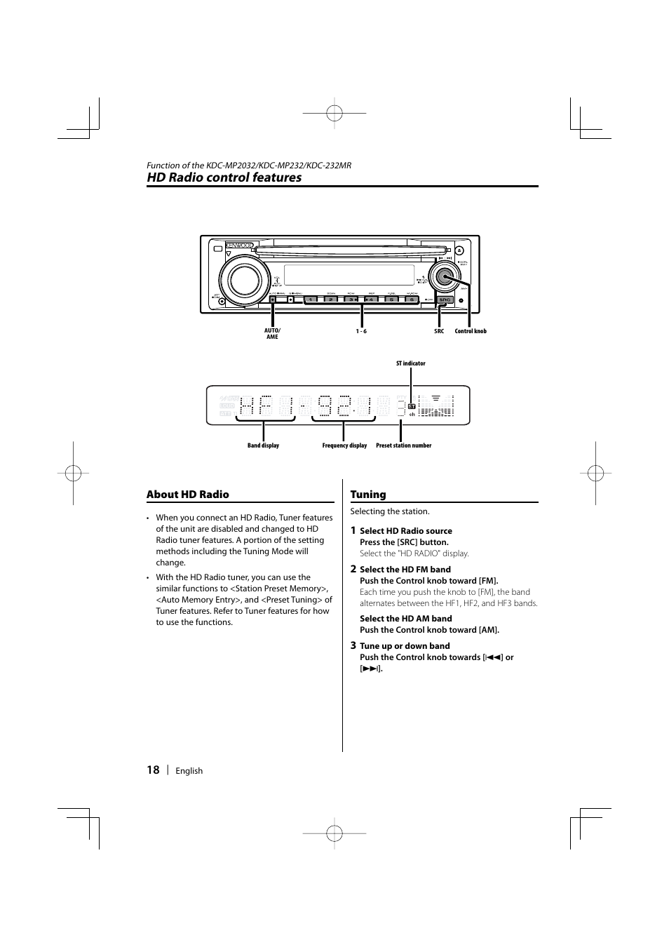 Hd radio control features, About hd radio, Tuning | Kenwood KDC-MP2032 User Manual | Page 18 / 34