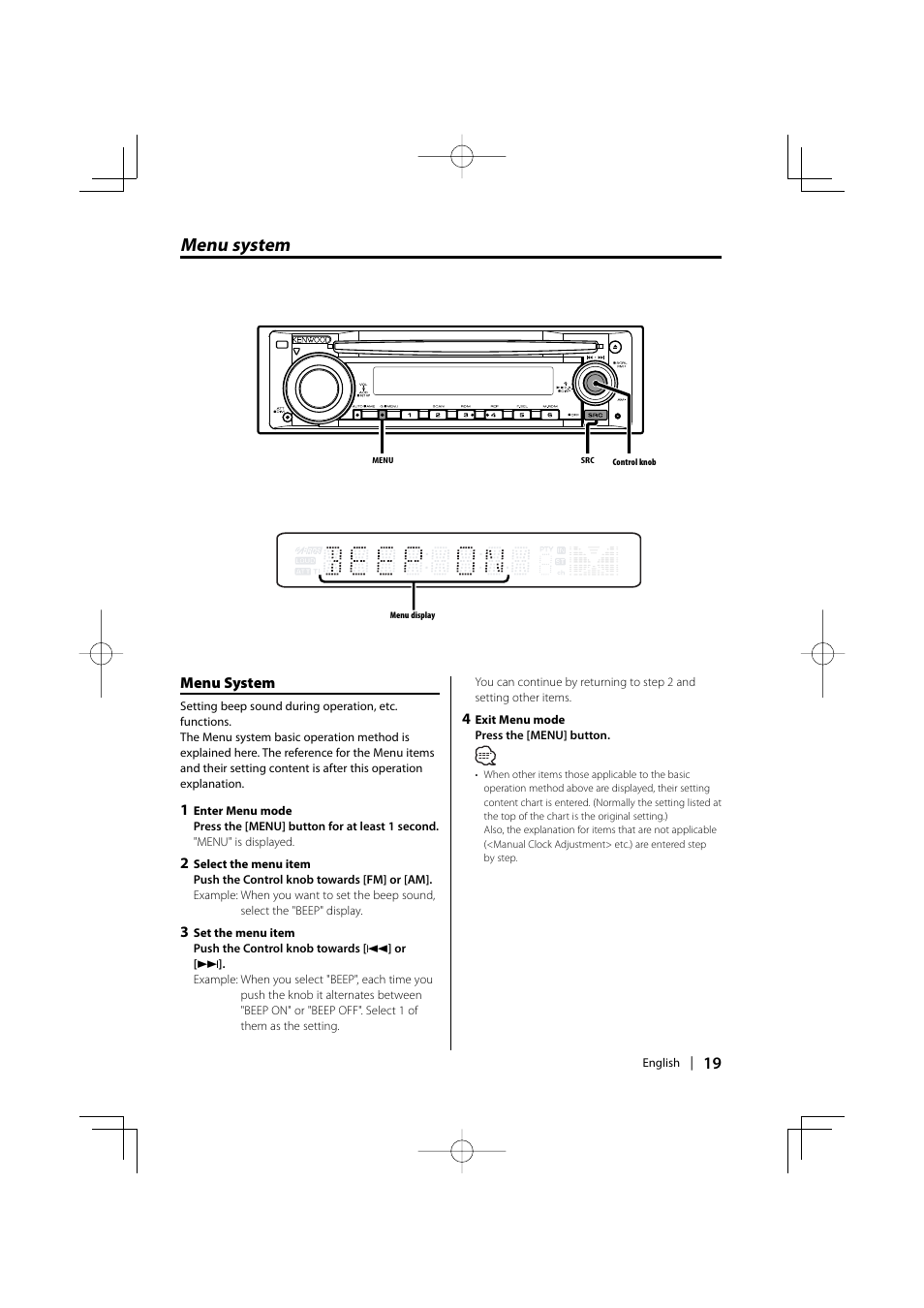 Menu system | Kenwood KDC-MP2032 User Manual | Page 19 / 34