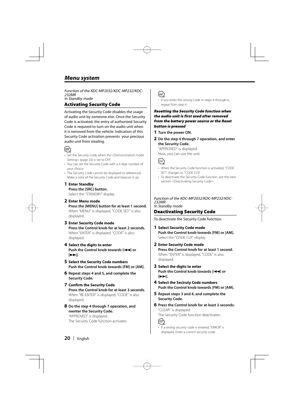 Menu system | Kenwood KDC-MP2032 User Manual | Page 20 / 34