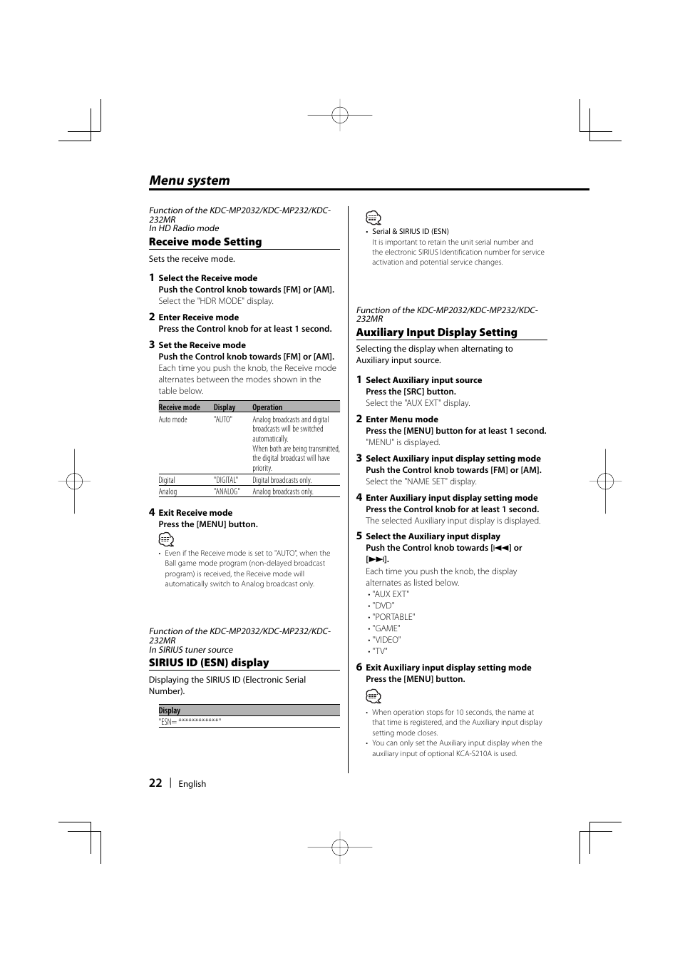 Menu system | Kenwood KDC-MP2032 User Manual | Page 22 / 34