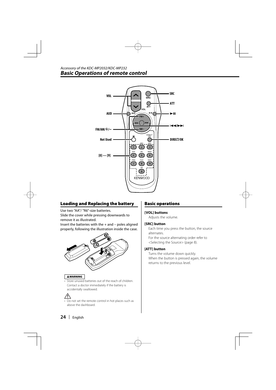 Basic operations of remote control, Loading and replacing the battery, Basic operations | Kenwood KDC-MP2032 User Manual | Page 24 / 34