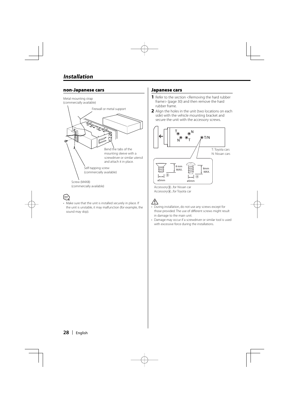 Installation, Non-japanese cars japanese cars 1 | Kenwood KDC-MP2032 User Manual | Page 28 / 34