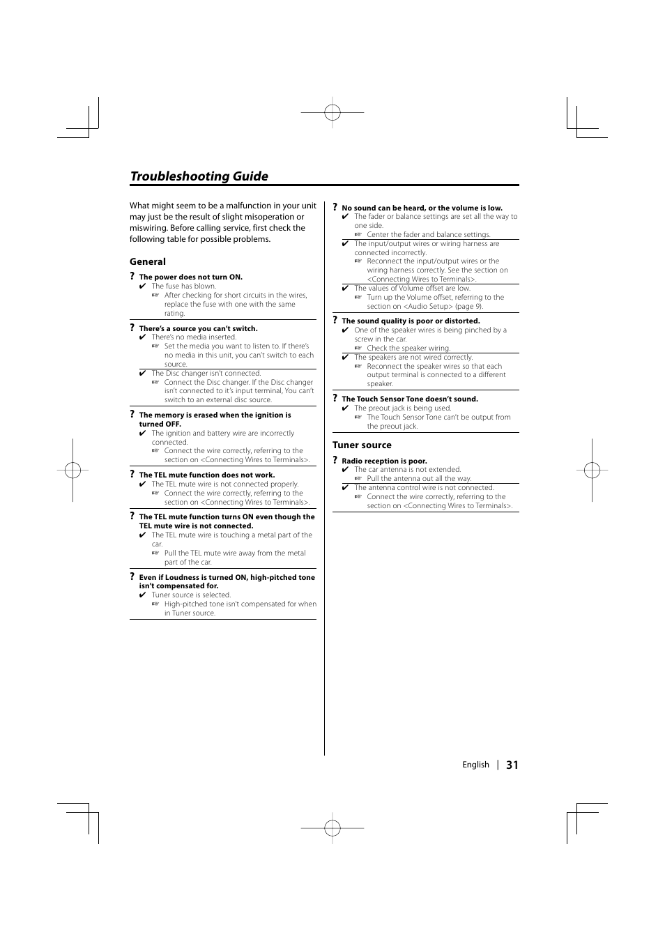 Troubleshooting guide | Kenwood KDC-MP2032 User Manual | Page 31 / 34