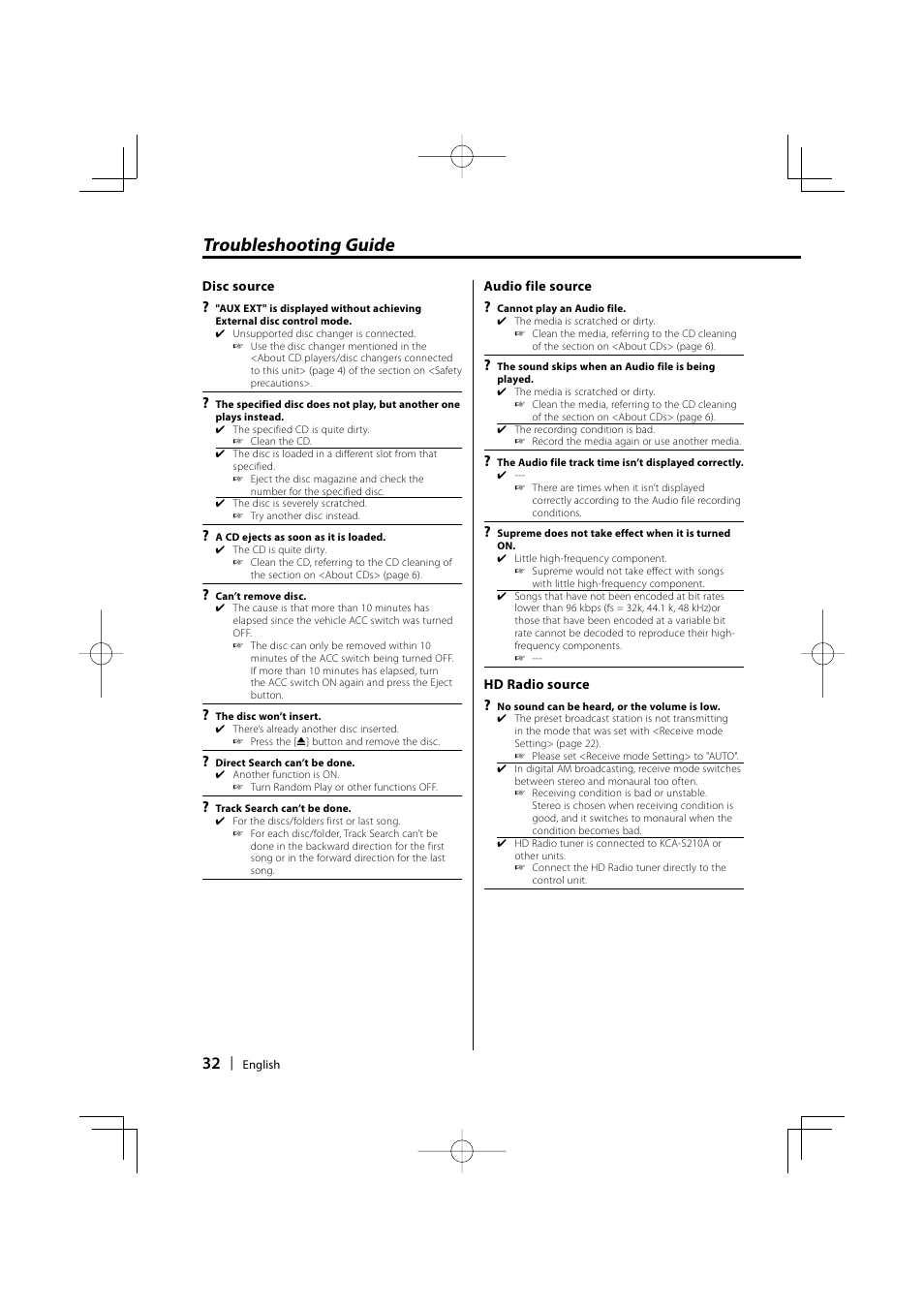 Troubleshooting guide | Kenwood KDC-MP2032 User Manual | Page 32 / 34