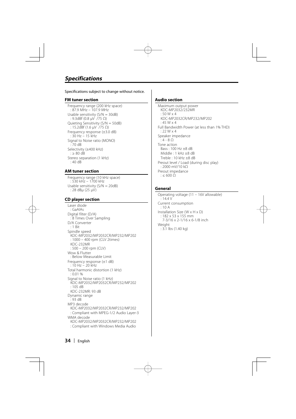 Specifications | Kenwood KDC-MP2032 User Manual | Page 34 / 34