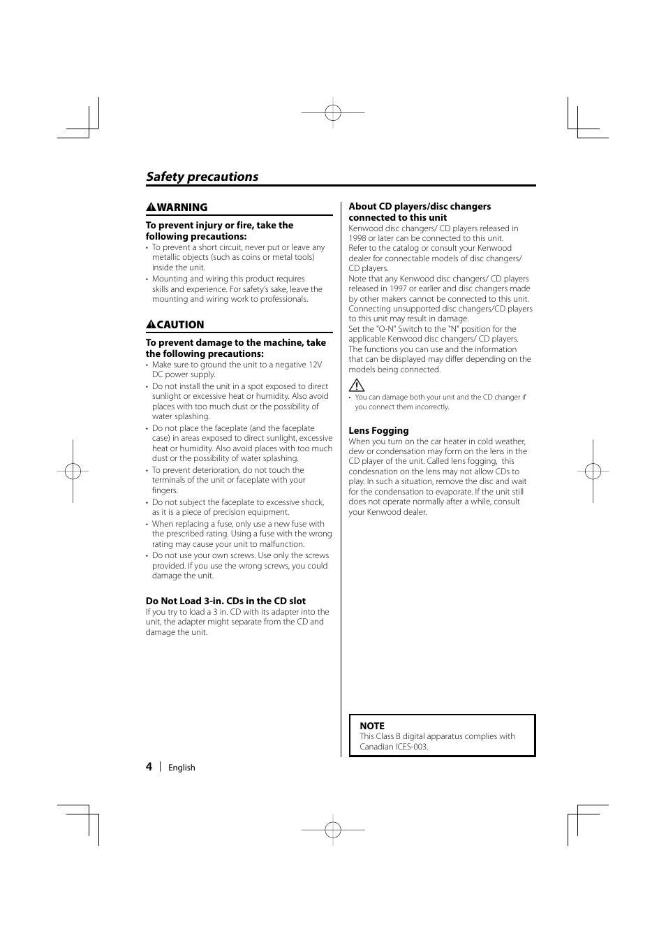 Safety precautions | Kenwood KDC-MP2032 User Manual | Page 4 / 34