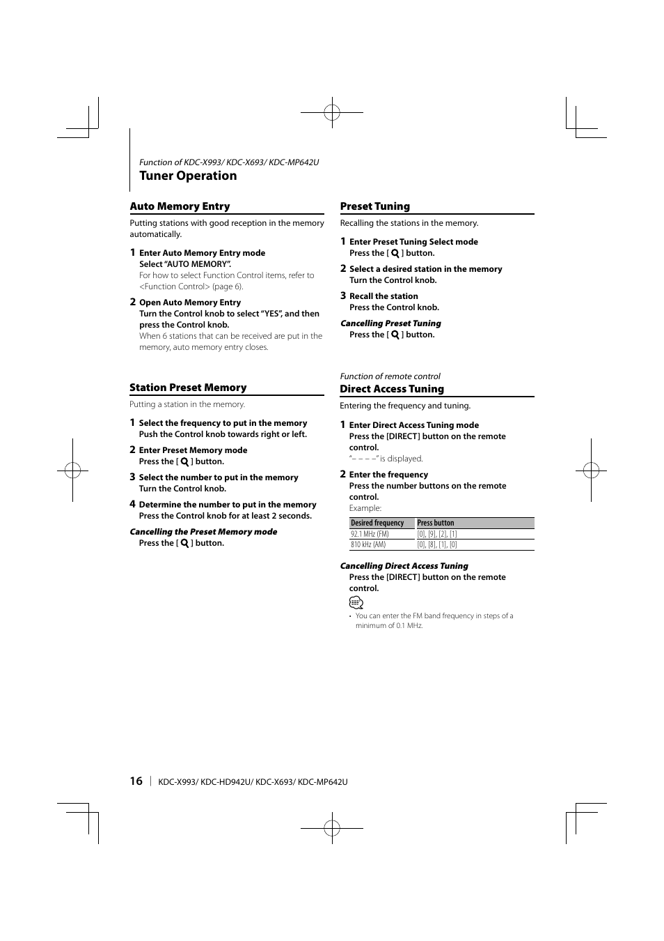 Tuner operation | Kenwood KDC-MP642U User Manual | Page 16 / 60