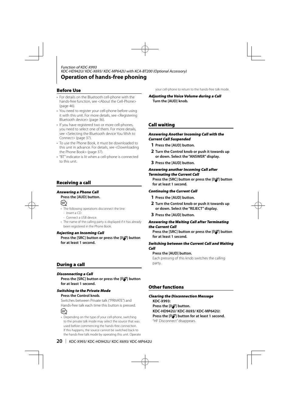 Operation of hands-free phoning | Kenwood KDC-MP642U User Manual | Page 20 / 60