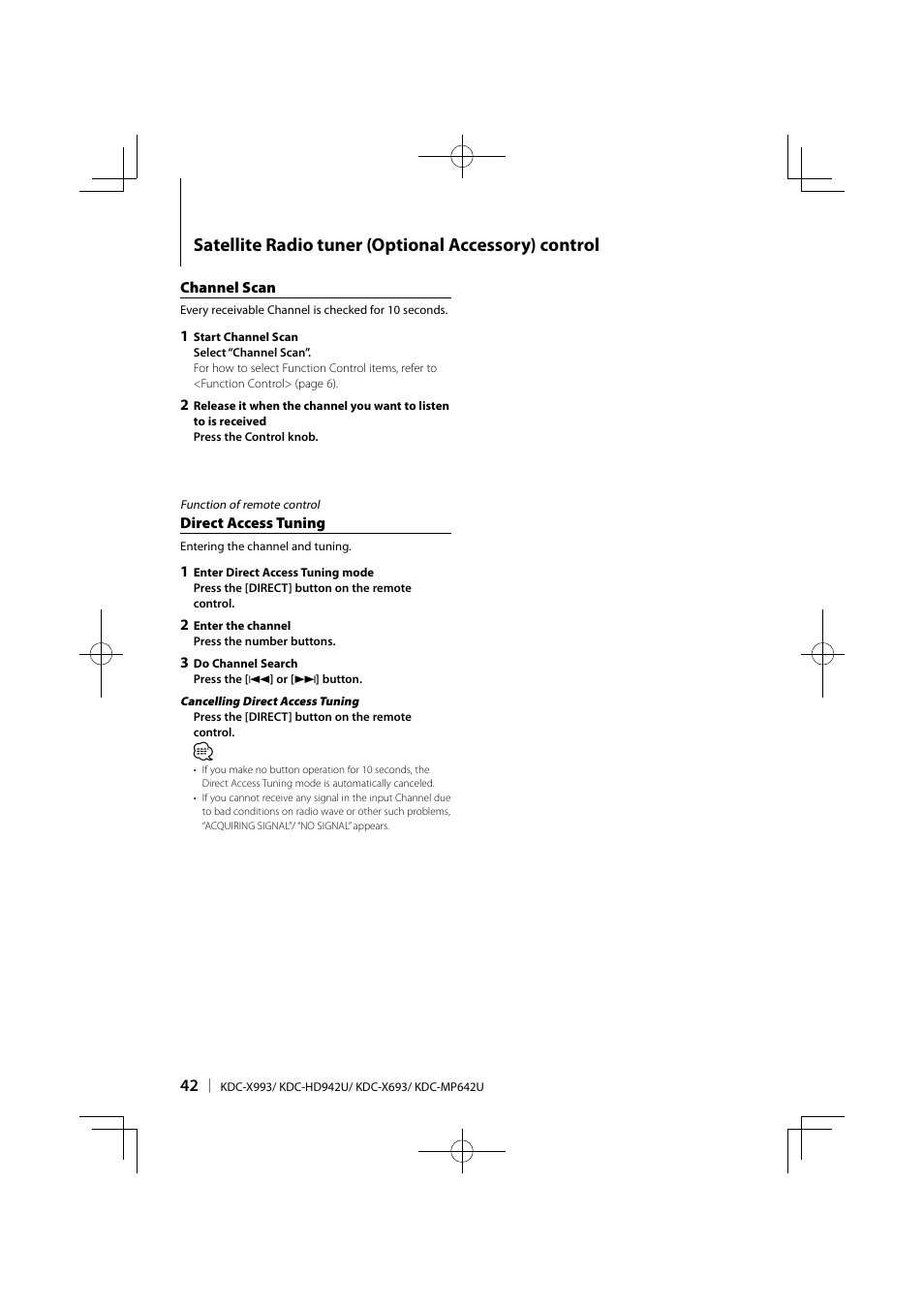 Satellite radio tuner (optional accessory) control | Kenwood KDC-MP642U User Manual | Page 42 / 60