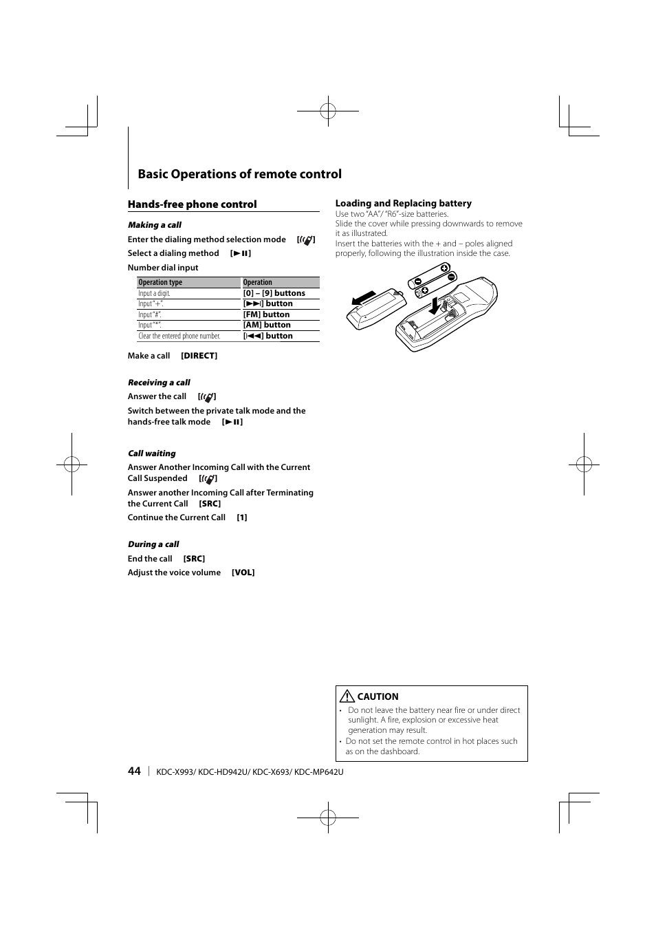 Basic operations of remote control | Kenwood KDC-MP642U User Manual | Page 44 / 60
