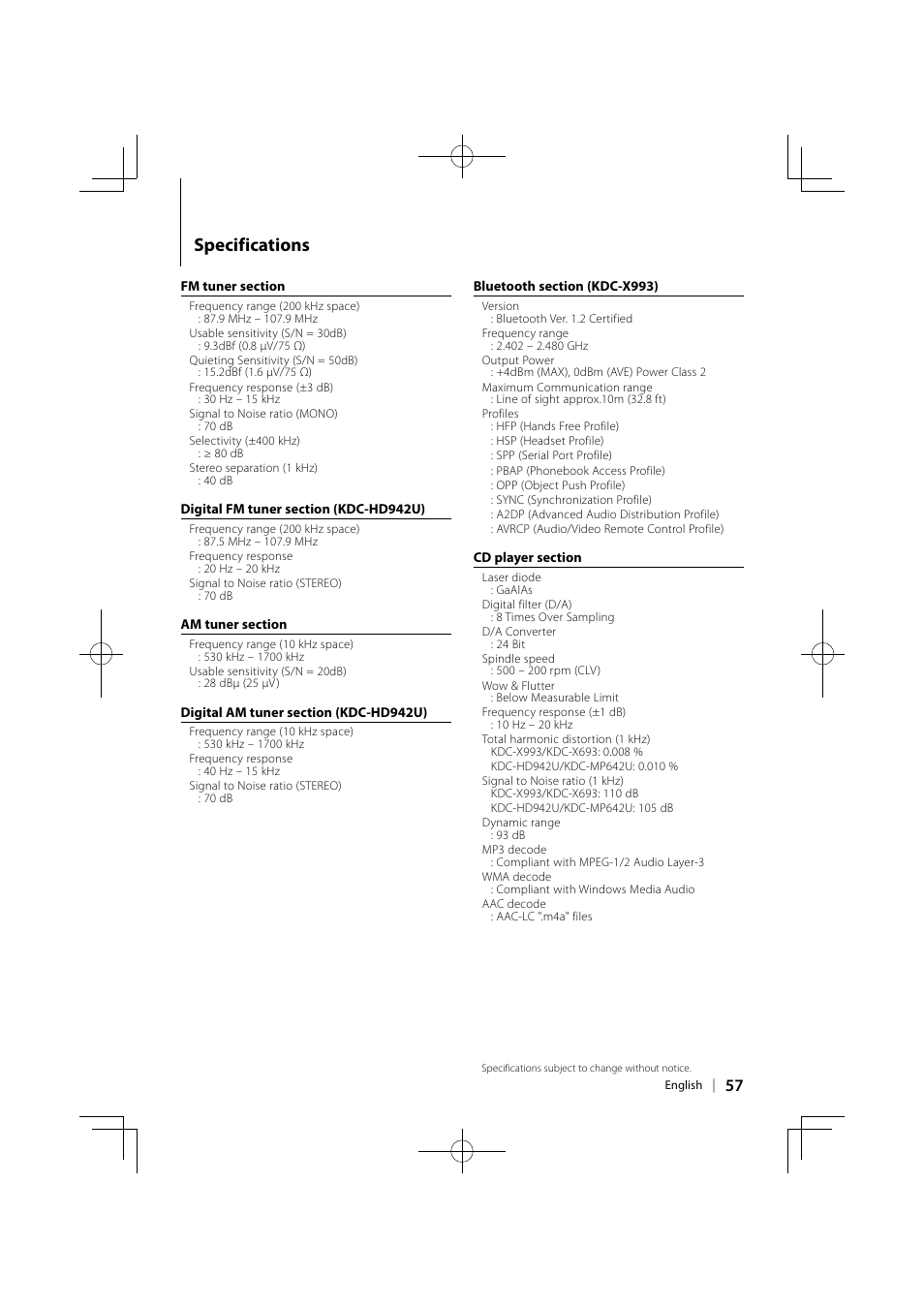 Specifications | Kenwood KDC-MP642U User Manual | Page 57 / 60