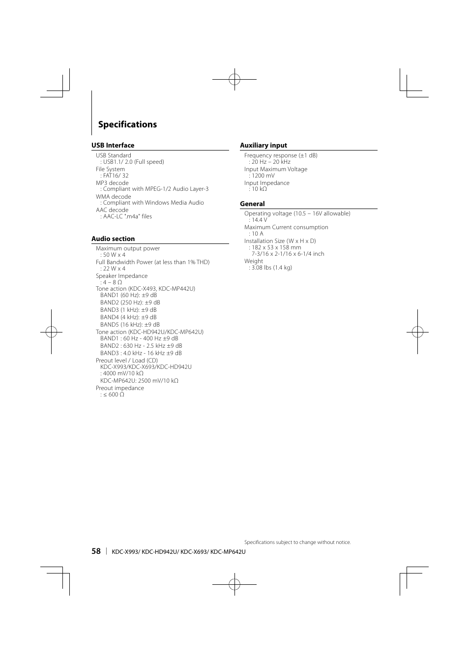 Specifications | Kenwood KDC-MP642U User Manual | Page 58 / 60
