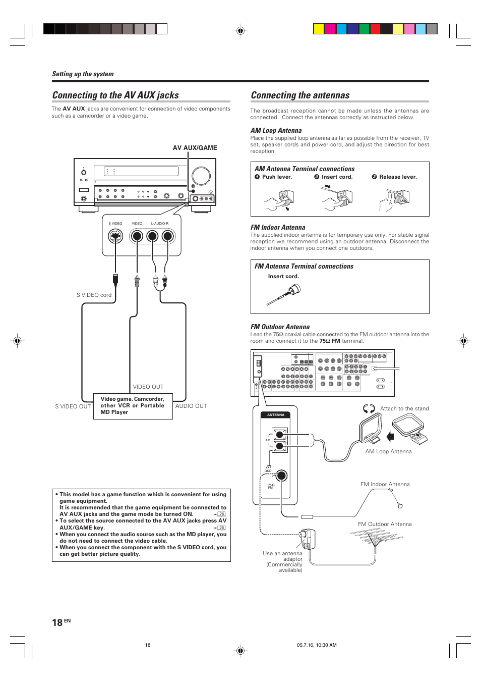 Connecting to the av aux jacks, Connecting the antennas | Kenwood KRF-X9090D User Manual | Page 18 / 64