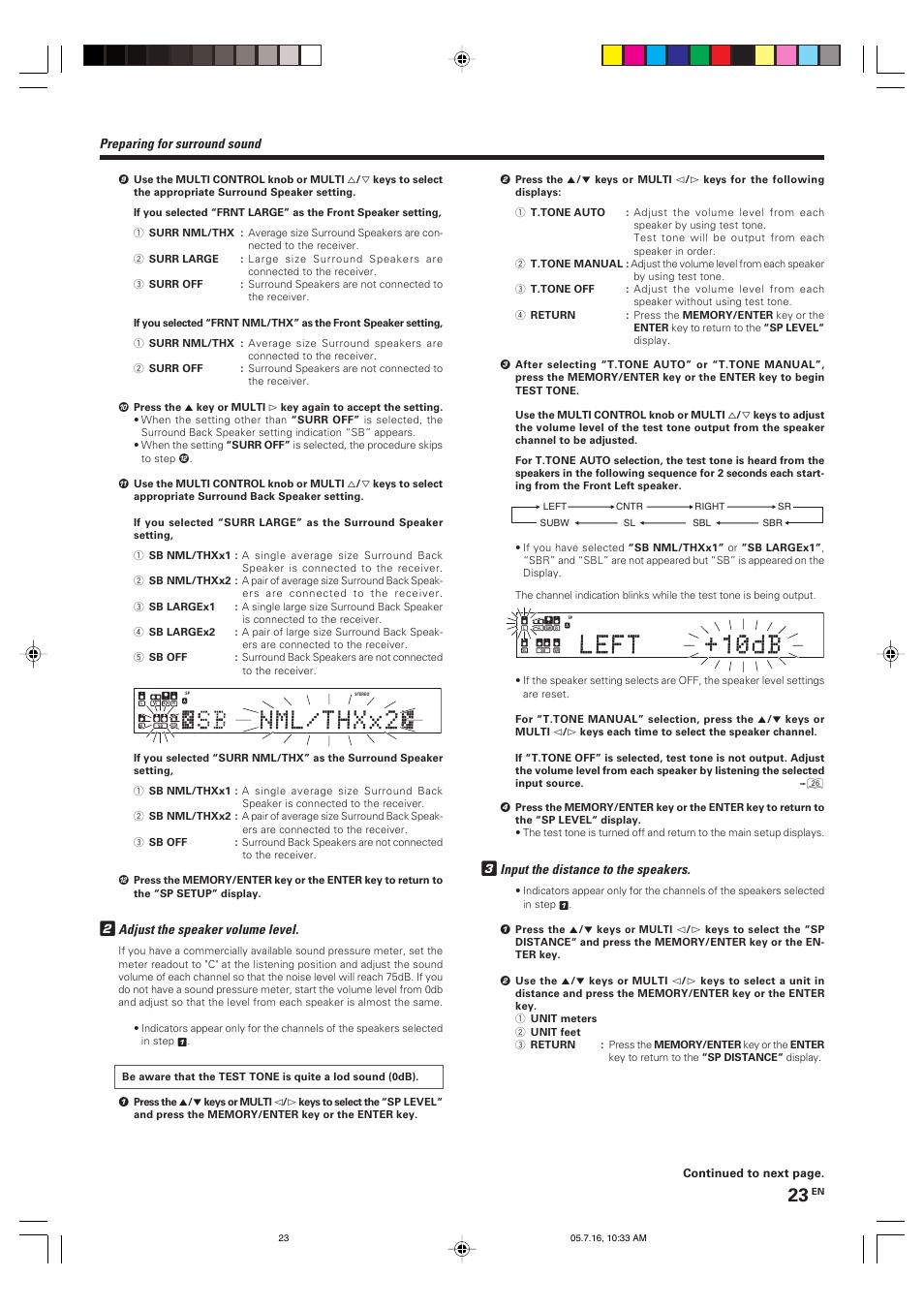 Preparing for surround sound, Input the distance to the speakers, Adjust the speaker volume level | Kenwood KRF-X9090D User Manual | Page 23 / 64